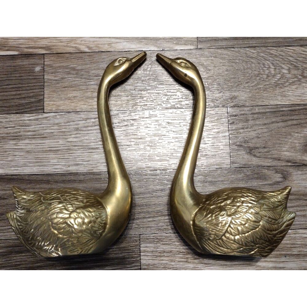 Vintage Pair Brass Swans Figurines Set of 2 Feather Detailed Patina